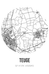 Abstract street map of Teuge located in Gelderland municipality of Voorst. City map with lines