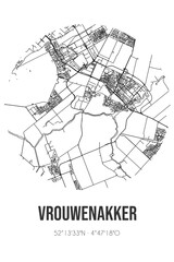 Abstract street map of Vrouwenakker located in Zuid-Holland municipality of Nieuwkoop. City map with lines