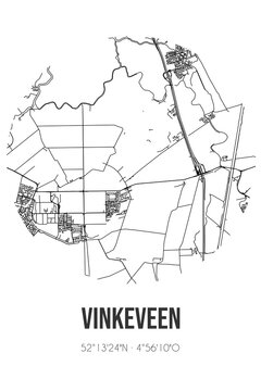 Abstract street map of Vinkeveen located in Utrecht municipality of De Ronde Venen. City map with lines