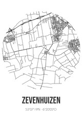 Abstract street map of Zevenhuizen located in Groningen municipality of Westerkwartier. City map with lines