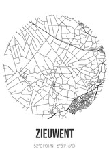 Abstract street map of Zieuwent located in Gelderland municipality of Oost Gelre. City map with lines