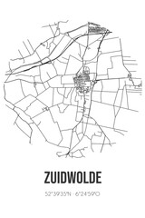 Abstract street map of Zuidwolde located in Drenthe municipality of De Wolden. City map with lines