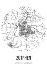 Abstract street map of Zutphen located in Gelderland municipality of Zutphen. City map with lines