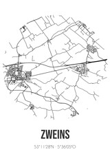 Abstract street map of Zweins located in Fryslan municipality of Waadhoeke. City map with lines