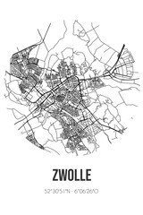 Abstract street map of Zwolle located in Overijssel municipality of Zwolle. City map with lines