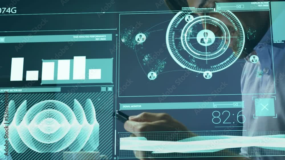 Poster animation of scope scanning and data processing over man using laptop