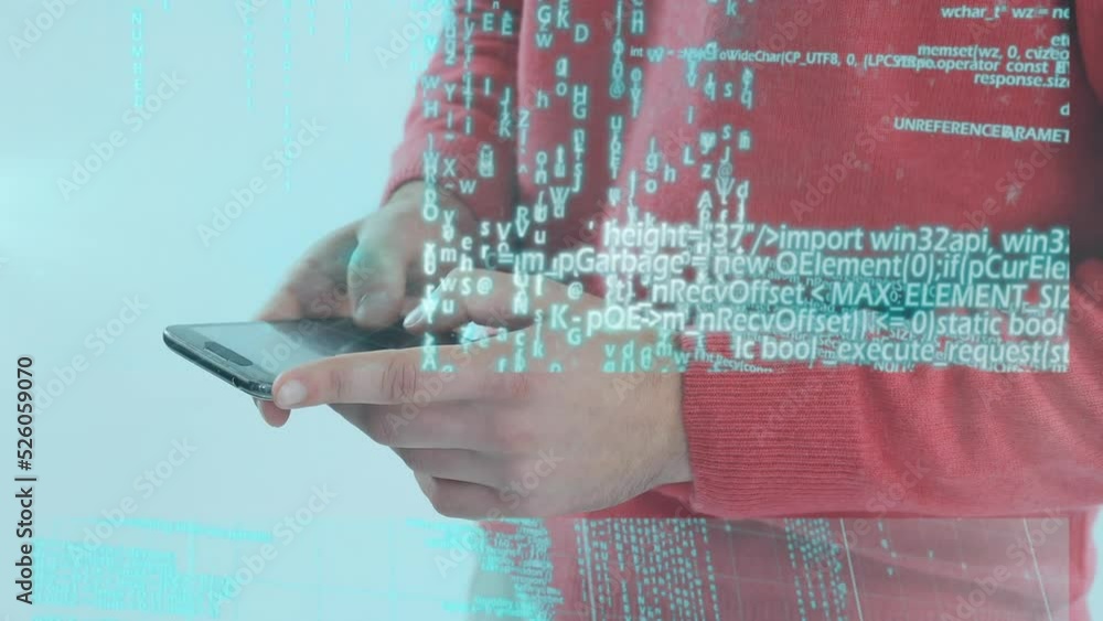 Aufkleber animation of data processing over biracial man using smartphone