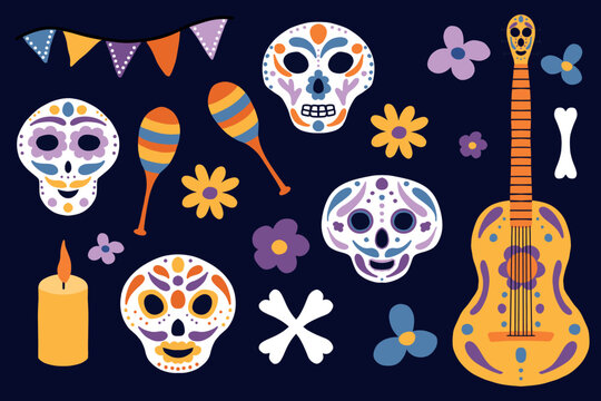 Day of the dead set. Day of the Dead in Mexico. Vector illustration. Collection of skulls, maracas, guitar, bones.