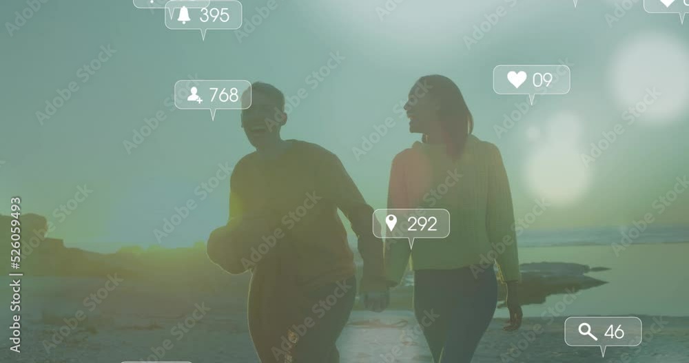 Poster animation of digital icons and social media notifications over caucasian man using smartphone