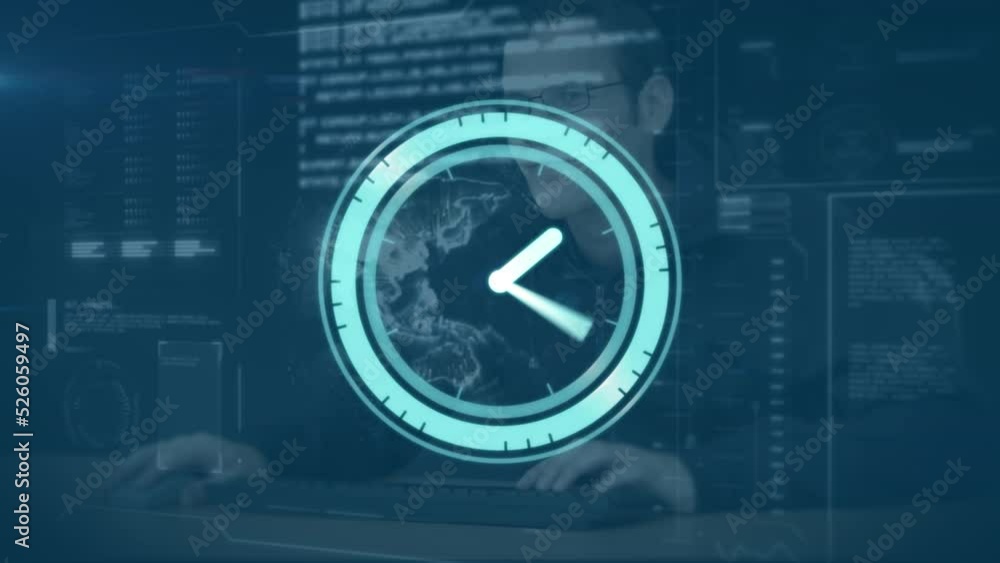 Poster animation of clock moving fast over computer servers