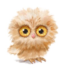 Obraz premium Cute funny fluffy sitting owl with big yellow eyes. Watercolor character illustration Isolated on white background.