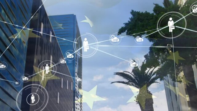 Animation of network of connections with icons over modern office building