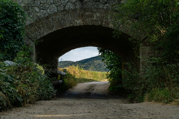 Fototapeta na wymiar a railway bridge with a tunnel at Chľaba, Slovakia