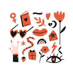 Set of various feminine elements. Girl or woman power concept. Vector hand drawn illustration. 