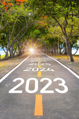 Five years from 2023 to 2027 on asphalt road surface. Beginning business startup to success concept...