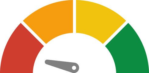Vector meter with arrow for dashboard with green, yellow, red indicators. Gauge of tachometer. Low, medium, high and risk levels. Bitcoin fear and greed index cryptocurrency