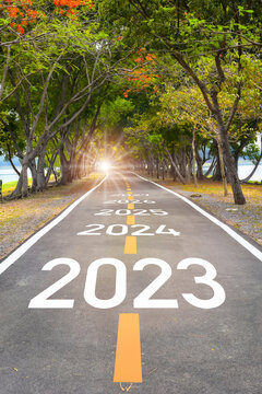 Five years from 2023 to 2027 on asphalt road surface. Beginning business startup to success concept and challenge investment idea