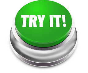 Green metal button TRY IT with shadow on white background