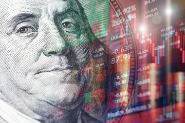 Portrait of Franklin from a hundred dollar bill with Candlestick charts as a concept of Stock trading or Stock background