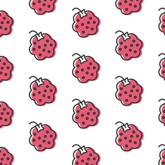 Naklejka premium Raspberry seamless vector pattern. Summer organic berries background. Trendy childish pattern with berries for design, poster, textile. Vector illustration with fruits vegetarian healthy. Red eco 