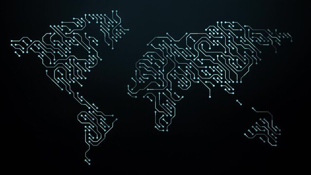 World map with digital tech circuit board. Abstract futuristic technology background. Global internet web 3.0 network and blockchain cryptocurrency defi concept. Big data nodes and storage servers