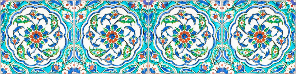 Composition of typical floral and geometric Turkish decorations with colored ceramic tiles - It's a...