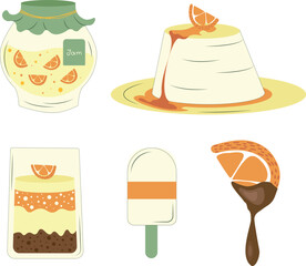 Fruit desserts with mousse and fruit, berries and chocolate. Puddings, ice cream and orange in chocolate. Menu for restaurant or cafe, shop assortment. Vector in flat style