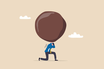 Work responsibility, pressure or problem, debt burden or difficulty challenge, struggle, or overworked, effort or punishment concept, tired businessman carry heavy weight rock boulder in atlas pose.