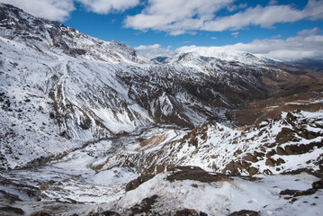 Snowy peaks in the Atlas Mountains near Imlil on the Imlil to Tacheddirt hiking trail, Morocco