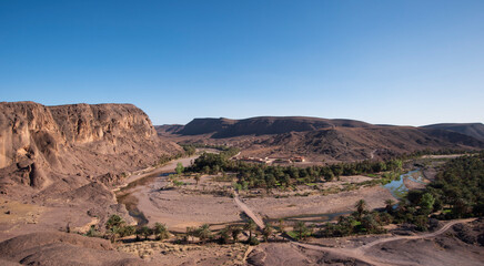 Panoramic view of the impressive Oasis De Fint in the desert near Ourzazate in Morocco, North Africa