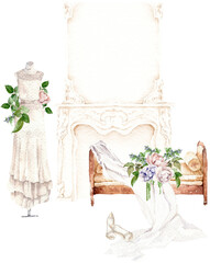 Watercolor bride room concept, wedding dress, elegant invitation template composition, delicate marriage, vintage antique chair