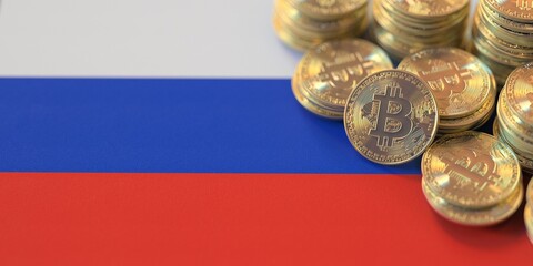 Pile of bitcoins and flag of Russia. National cryptocurrency regulations conceptual 3d rendering