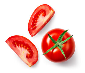 Tomato slice isolated. Tomato whole and slices top view on white background. Set of tomatoes with...