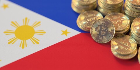 Many bitcoins and national flag of Philippines, cryptocurrency laws related conceptual 3d rendering