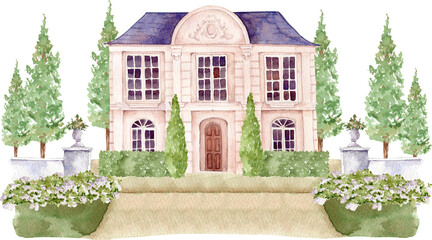 Watercolor wedding venue village design, manor house, rustic wedding, estate, cottage, invitation background, vintage home, summer architecture building, garden