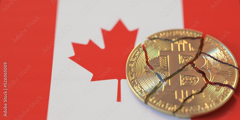Poster flag of canada and destroyed bitcoin. cryptocurrency ban or restrictions related 3d rendering