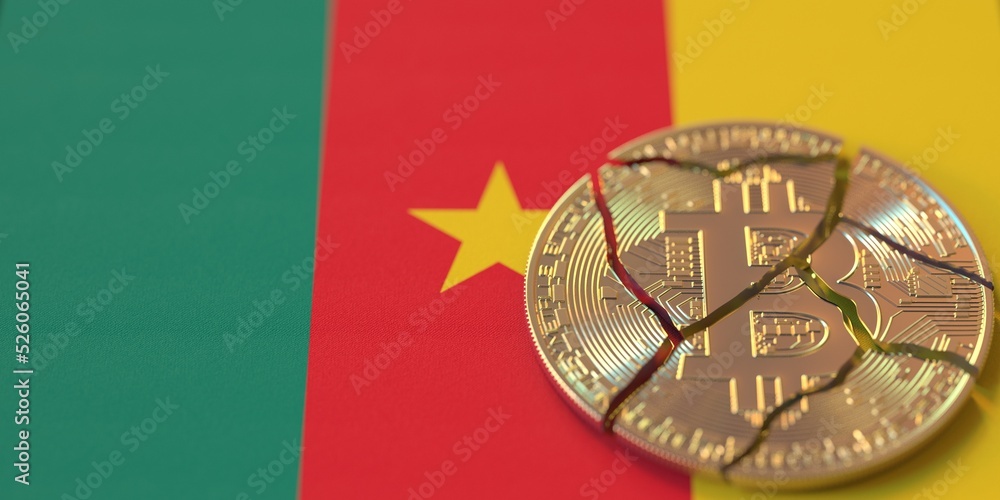 Poster flag of cameroon and destroyed bitcoin. cryptocurrency ban or restrictions related 3d rendering