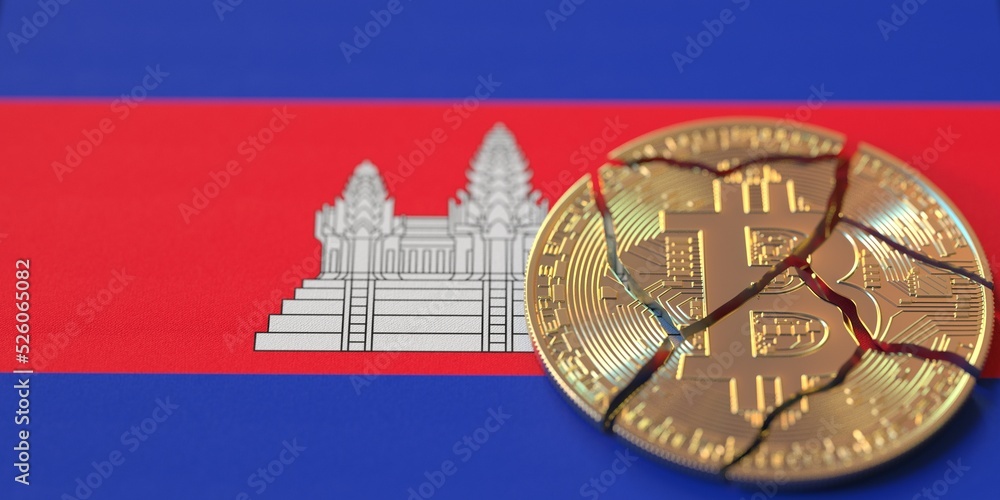 Poster flag of cambodia and destroyed bitcoin. cryptocurrency ban or restrictions related 3d rendering