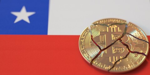 Flag of Chile and destroyed bitcoin. Cryptocurrency ban or restrictions related 3d rendering