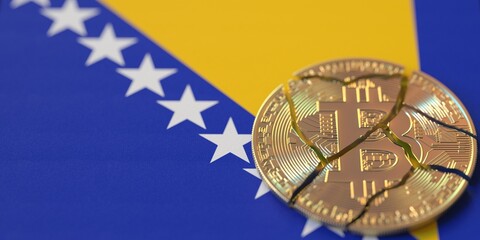 Flag of Bosnia and Herzegovina and destroyed bitcoin. Cryptocurrency ban or restrictions related 3d rendering