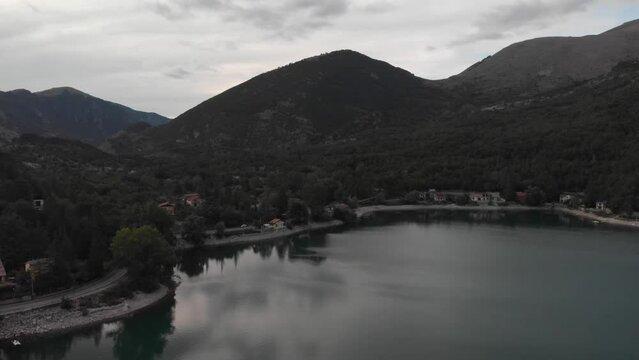 aerial shot of Lake Scanno in Abruzzo at nightfall during the weekend