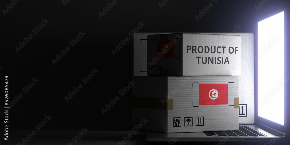 Poster cartons with product of tunisia text and flag on the laptop, black background. 3d rendering