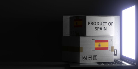 PRODUCT OF SPAIN text and flag sticker on the boxes on the laptop on dark background. 3D rendering