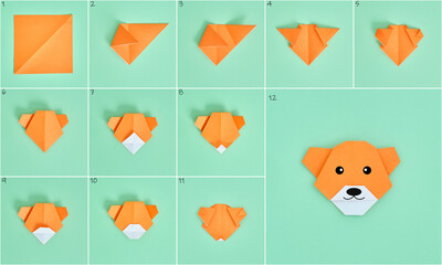 Origami Bear. Step-by-step photo instruction on a green background. DIY concept