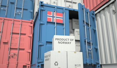 Cargo containers and boxes with products from Norway. National industry related conceptual 3D rendering