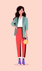Beautiful young women in fashion clothes. Businesswoman with bag, young romantic style girl in outfit. Flat style vector illustration