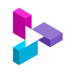 Colorful play button. Stylized geometric play symbol. 3D rectangles forming a triangle in a negative space. Right arrow or forward sign. Three multicolored bricks. Vector illustration, clip art. 