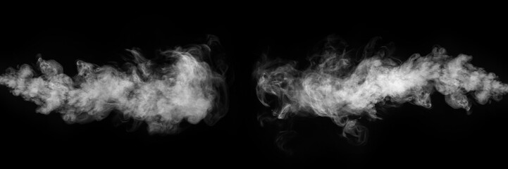 White horizontal smoke collection on black background. Fog or smoke set isolated on black...