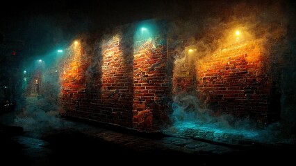 Dark empty old night street, with old brick walls with neon lights. Smoke, smog, textured brick walls illustration