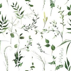 Watercolor wild meadow greenery seamless pattern on white background. Green and olive leaves, branches, twigs.